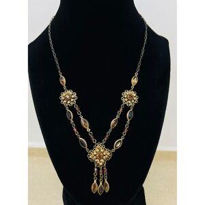 Vintage Brass Tone Amber Rhinestone Filigree Y-Necklace Victorian Style 19 Inch